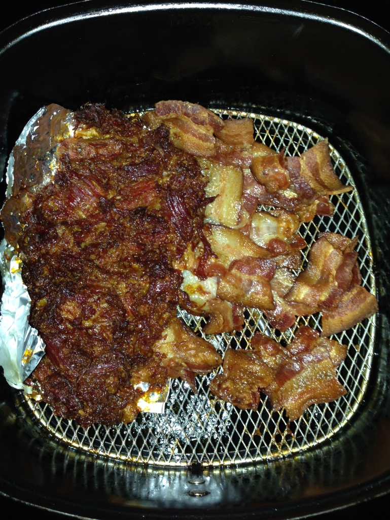After 30 minutes, it looked was cooked.  Bacon looked so crispy already.  I took the bacon out and cooked the corned beef for another 10min.  We like corned beef really crunchy and a bit burnt.